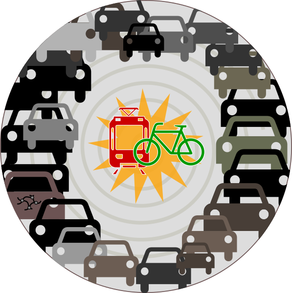Grafik aus Piktogrammen: Straßenbahn und Fahrrad mittig in Konfliktsituation, rundherum unzählige Autos
