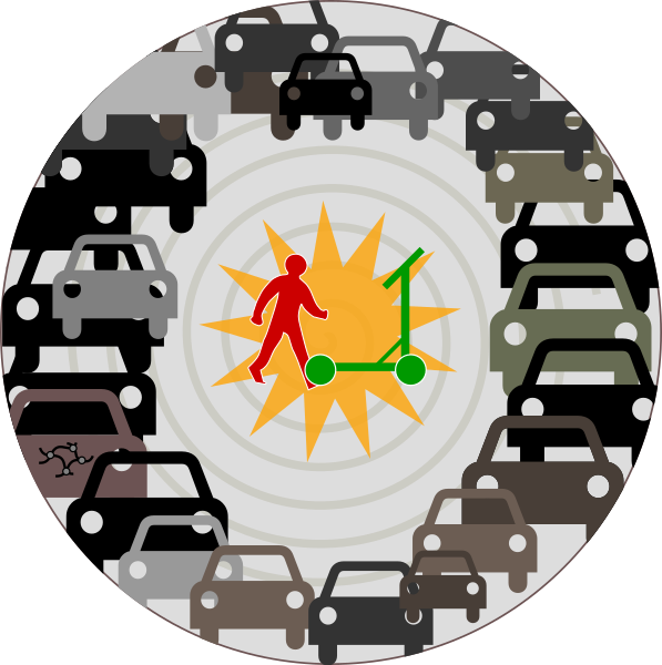 Grafik aus Piktogrammen: Fußgänger und Roller mittig in Konfliktsituation, rundherum unzählige Autos